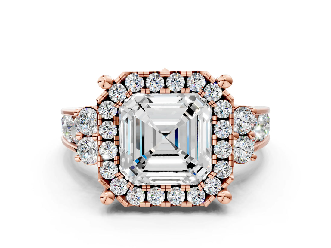 Rose gold Asscher Halo Diamond Engagement Ring with Split Shank and Four-Prong Setting