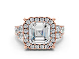 Rose gold Asscher Halo Diamond Engagement Ring with Split Shank and Four-Prong Setting