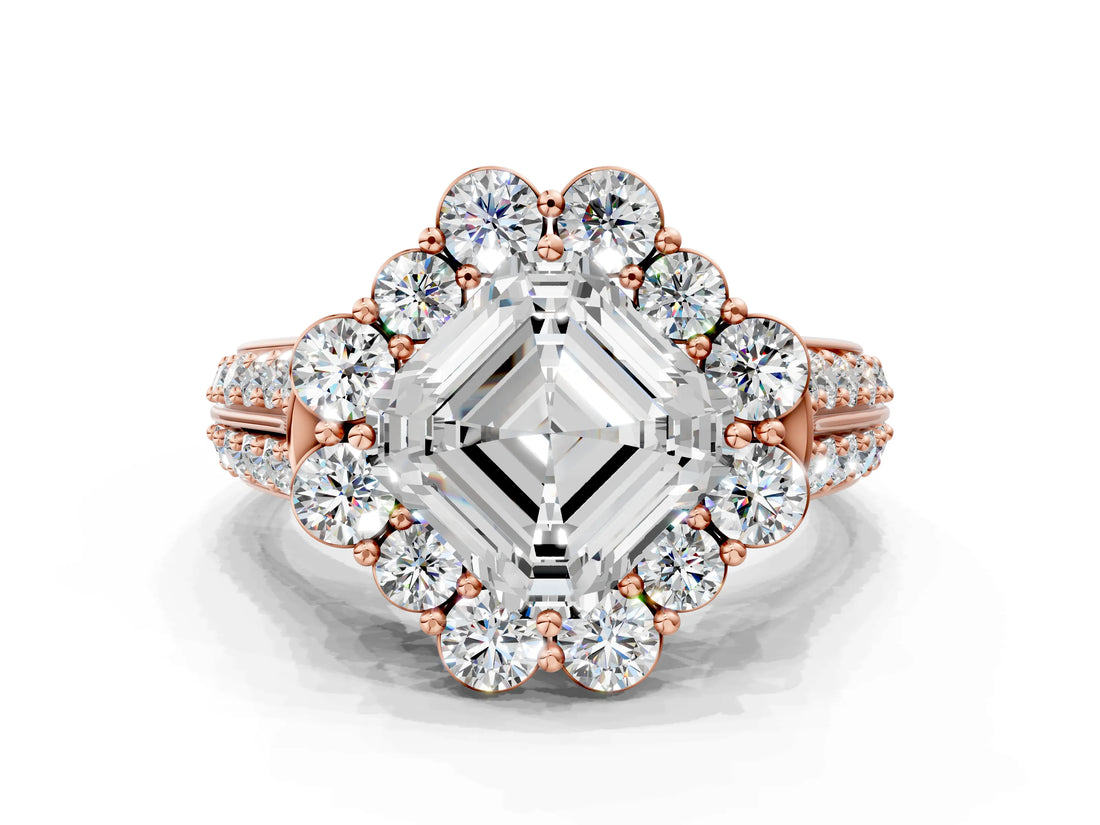 Rose gold Asscher Halo Diamond Engagement Ring with Split Shank and Prong Setting_51