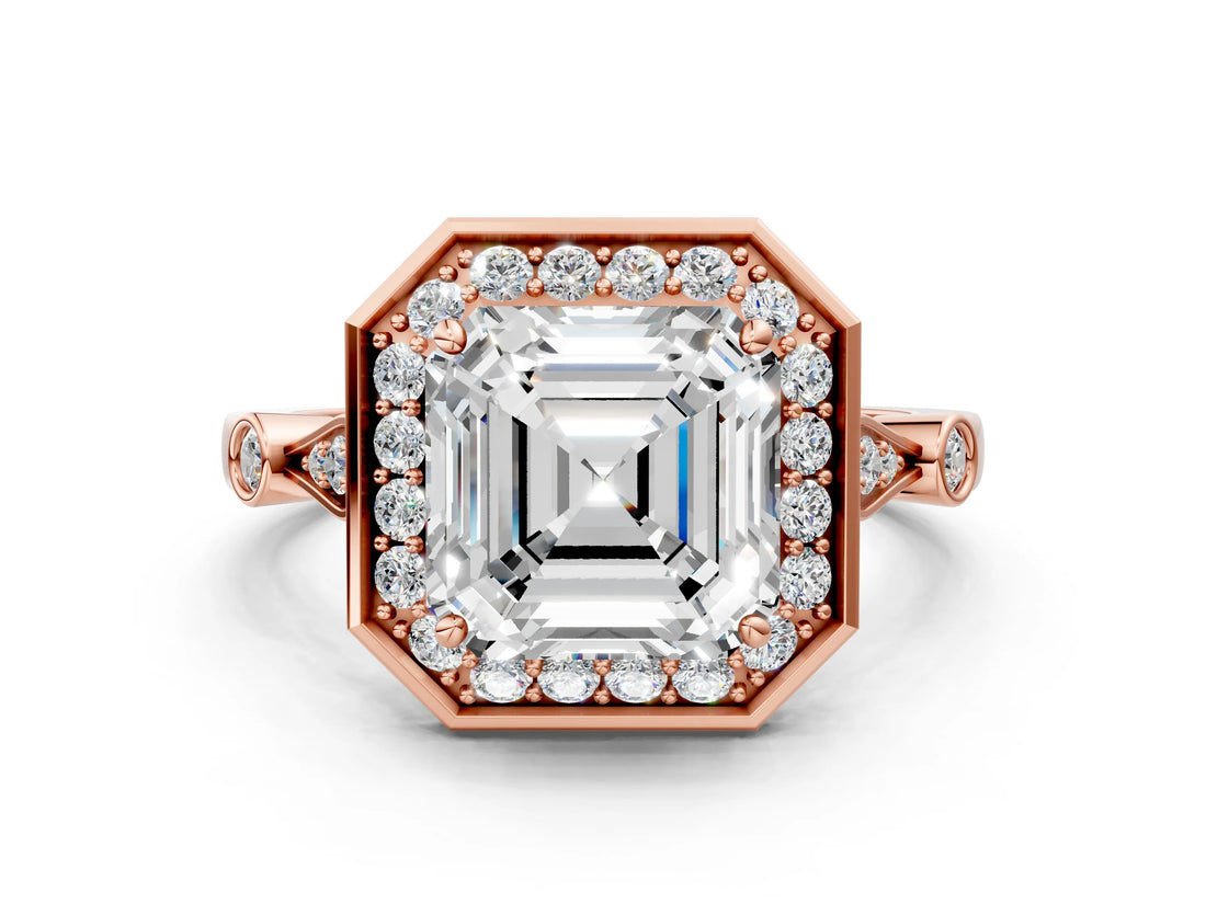Rose gold Asscher Halo Diamond Engagement Ring with Twisted Band and Four-Prong Setting
