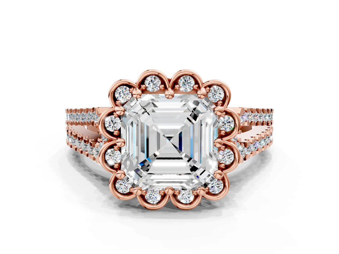 Rose gold Asscher Halo Diamond Floral Split Shank Engagement Ring 1