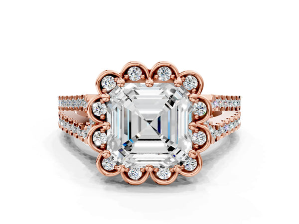 Rose gold Asscher Halo Diamond Floral Split Shank Engagement Ring