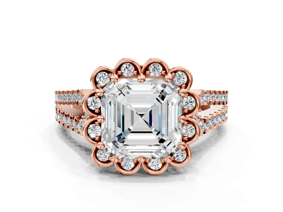 Rose gold Asscher Halo Diamond Floral Split Shank Engagement Ring