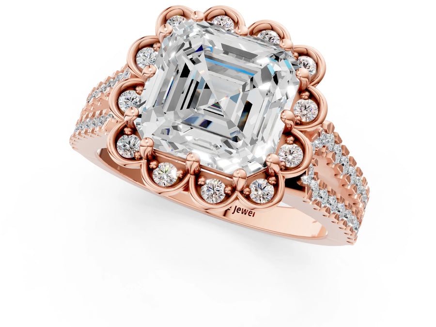 Rose gold Asscher Halo Diamond Floral Split Shank Engagement Ring
