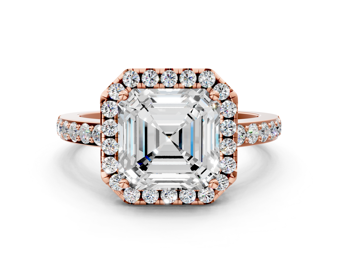 Rose gold Asscher Halo Diamond Pavé Band Ring with Prong Setting_23