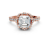 Rose gold Asscher Halo Diamond Pave Band Ring with Four-Prong Setting_15