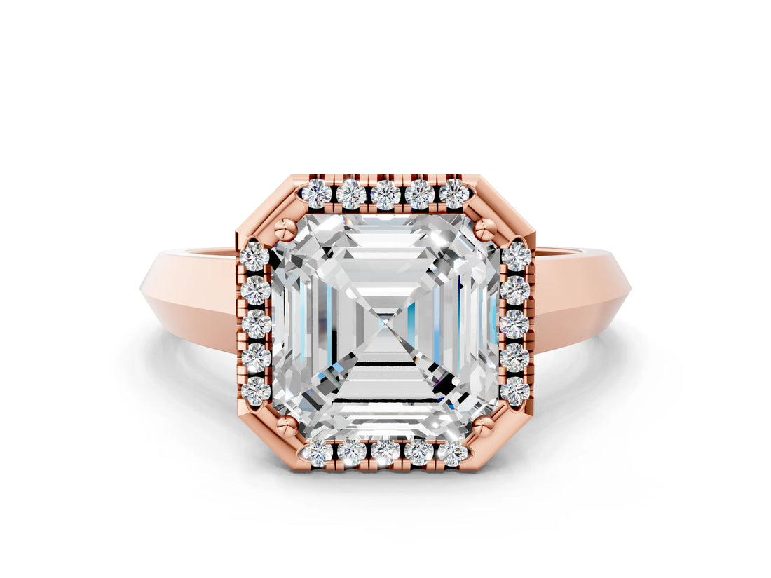 Rose gold Asscher Halo Diamond Ring with Cathedral Band and Four-Prong Setting_46