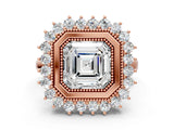 Rose gold Asscher Halo Diamond Ring with Milgrain Edge and Round Prong Setting_58
