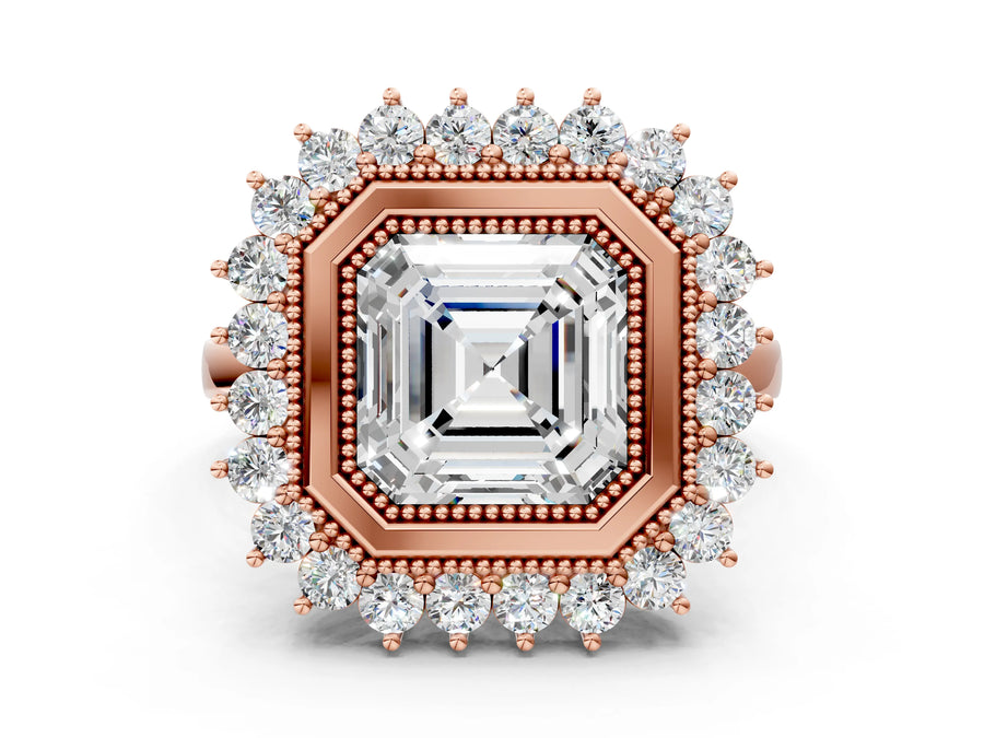 Rose gold Asscher Halo Diamond Ring with Milgrain Edge and Round Prong Setting
