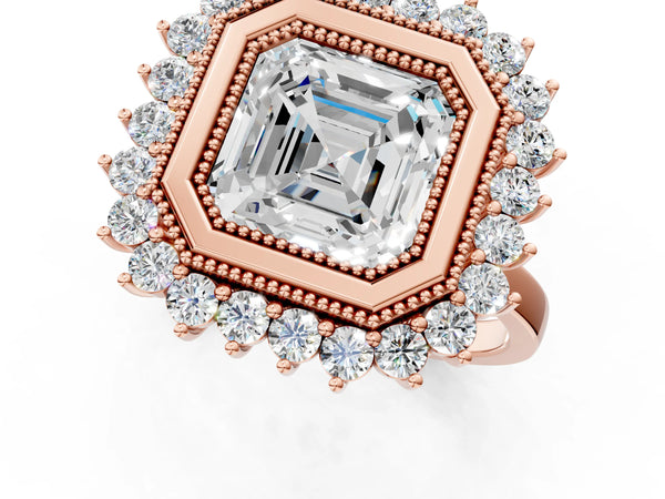 Rose gold Asscher Halo Diamond Ring with Milgrain Edge and Round Prong Setting