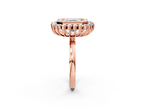 Rose gold Asscher Halo Diamond Ring with Milgrain Edge and Round Prong Setting