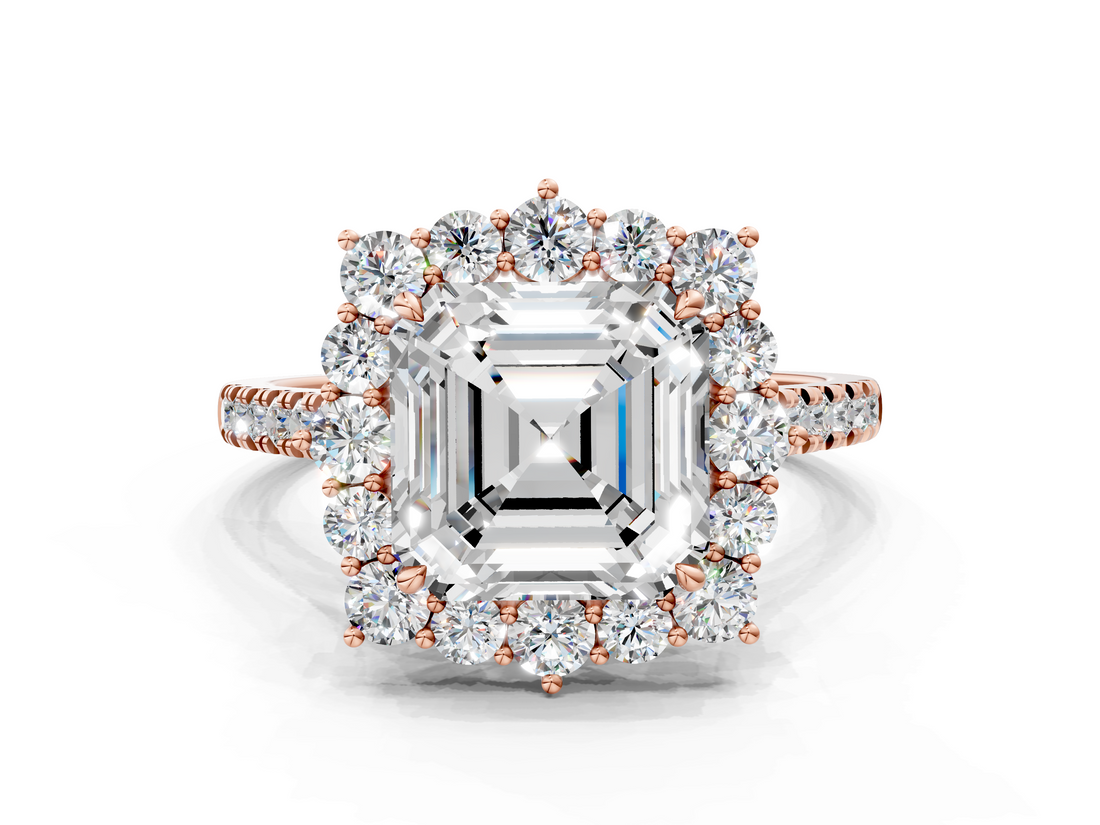 Rose gold Asscher Halo Diamond Ring with Pavé Band and Prong Setting_23