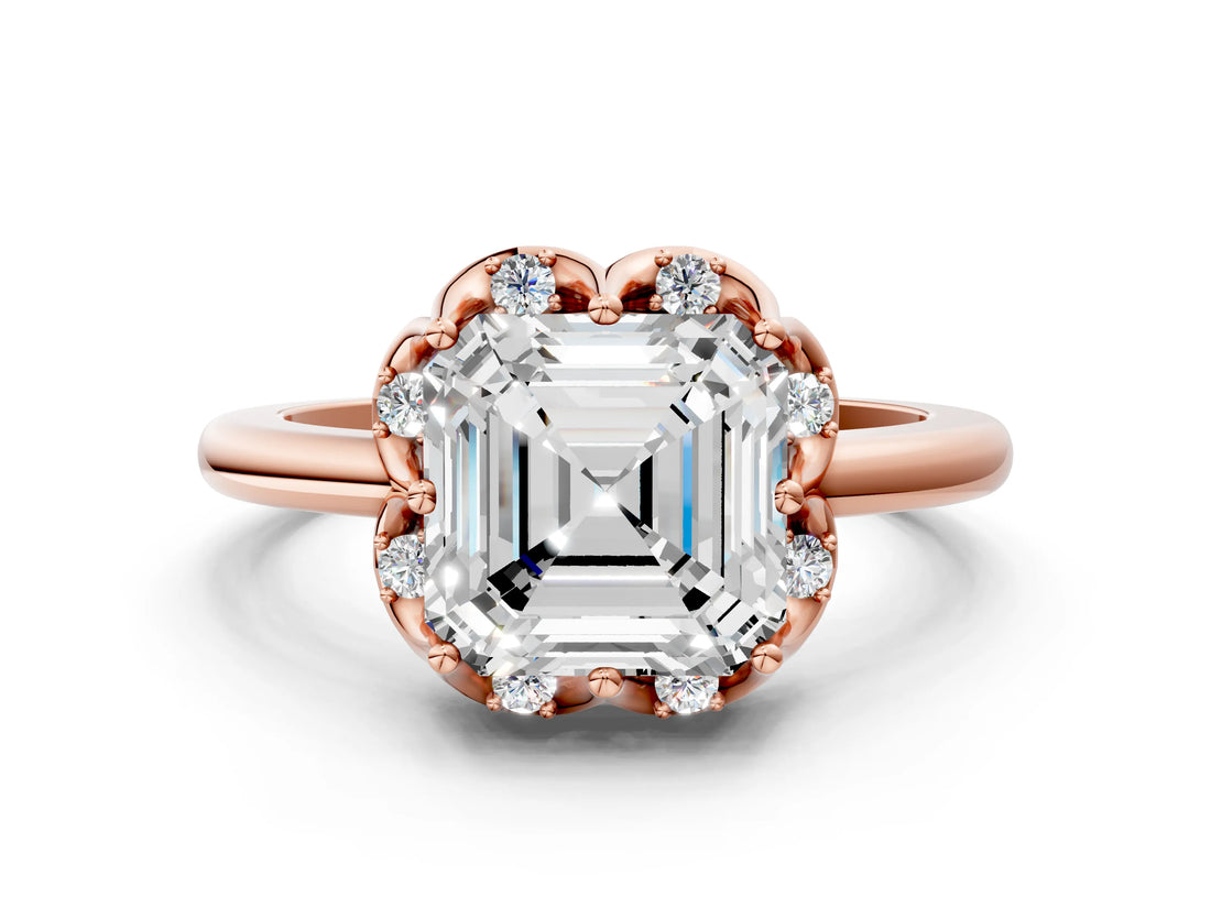 Rose gold Asscher Halo Diamond Ring with Round Cluster Setting, Solitaire Band, and Four-Prong Setting_36
