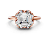 Rose gold Asscher Halo Diamond Ring with Round Cluster Setting, Solitaire Band, and Four-Prong Setting_36