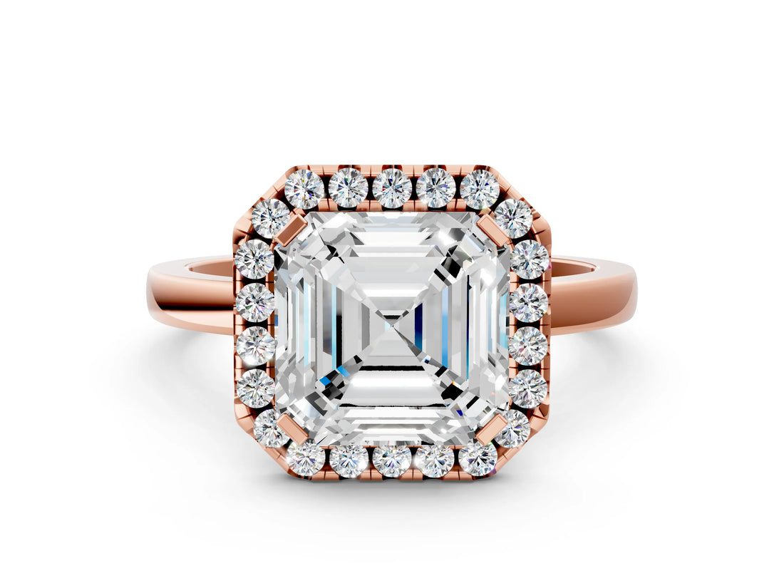 Rose gold Asscher Halo Diamond Solitaire with Pavé Band and Four-Prong Setting_12