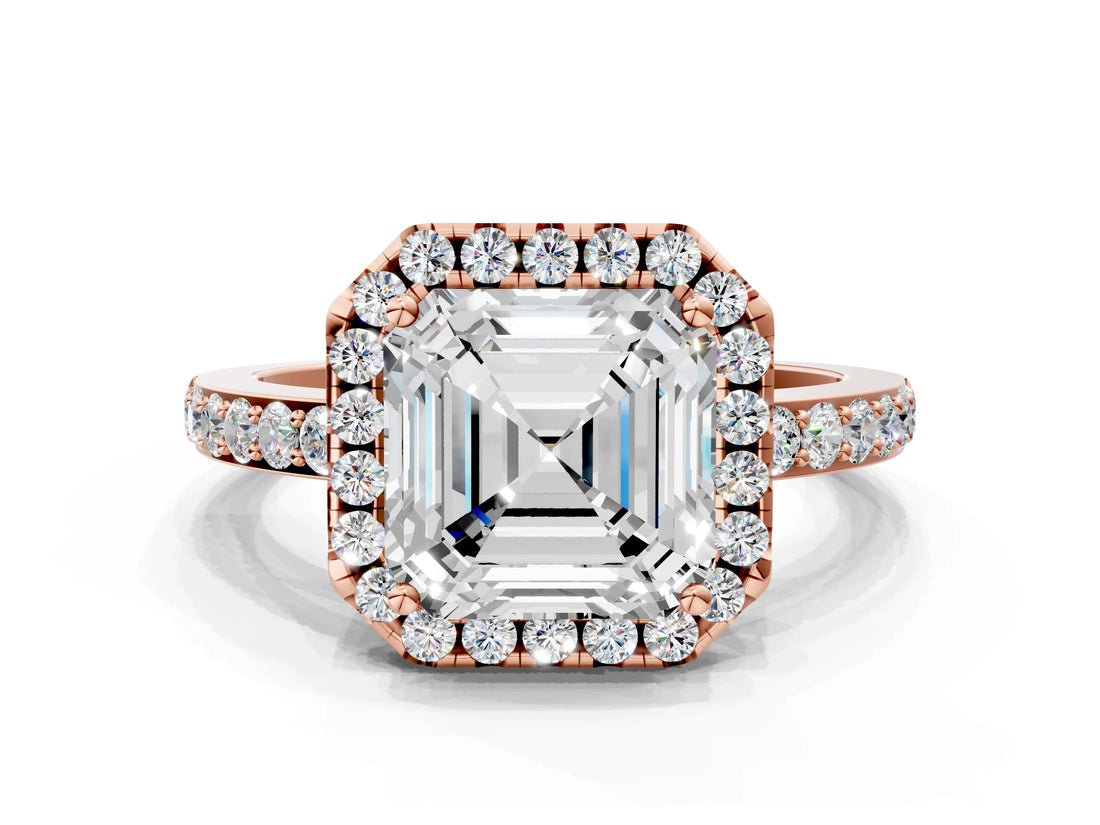 Rose gold Asscher Halo Diamond Solitaire with Pavé Band and Four-Prong Setting_40