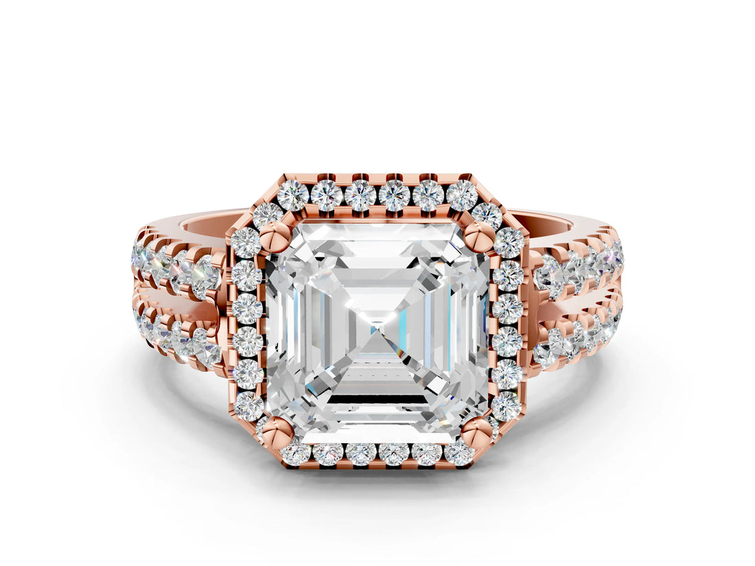 Rose gold Asscher Halo Diamond Split Shank Engagement Ring with Prong Setting_57