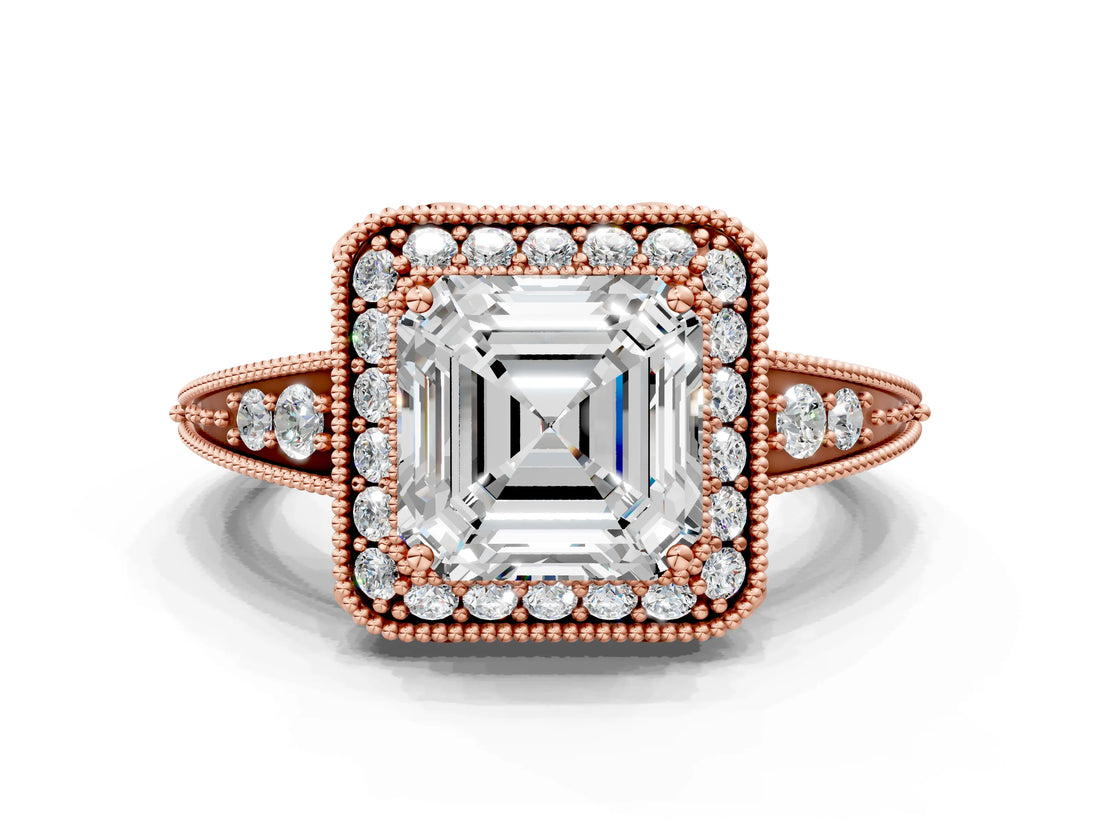 Rose gold Asscher Halo Diamond Split Shank Ring with Milgrain Detail_52