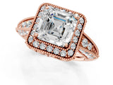 Rose gold Asscher Halo Diamond Split Shank Ring with Milgrain Detail_53