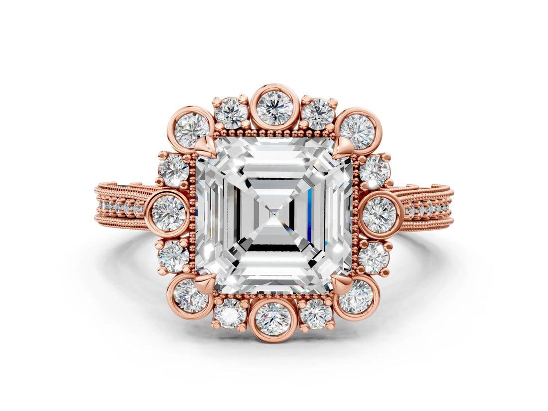Rose gold Asscher Halo Milgrain Pave Diamond Ring with Four-Prong Setting 2
