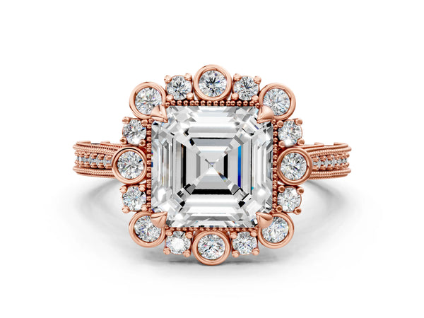 Rose gold Asscher Halo Milgrain Pave Diamond Ring with Four-Prong Setting