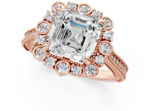Rose gold Asscher Halo Milgrain Pave Diamond Ring with Four-Prong Setting 3