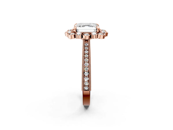 Rose gold Asscher Halo Milgrain Pave Diamond Ring with Four-Prong Setting