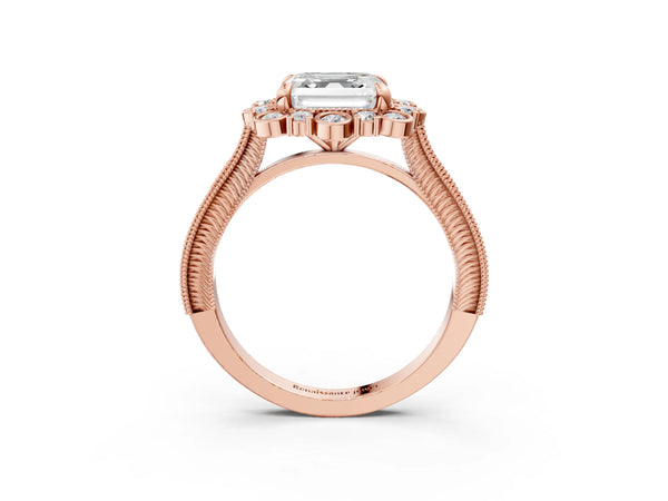 Rose gold Asscher Halo Milgrain Pave Diamond Ring with Four-Prong Setting