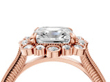 Rose gold Asscher Halo Milgrain Pave Diamond Ring with Four-Prong Setting