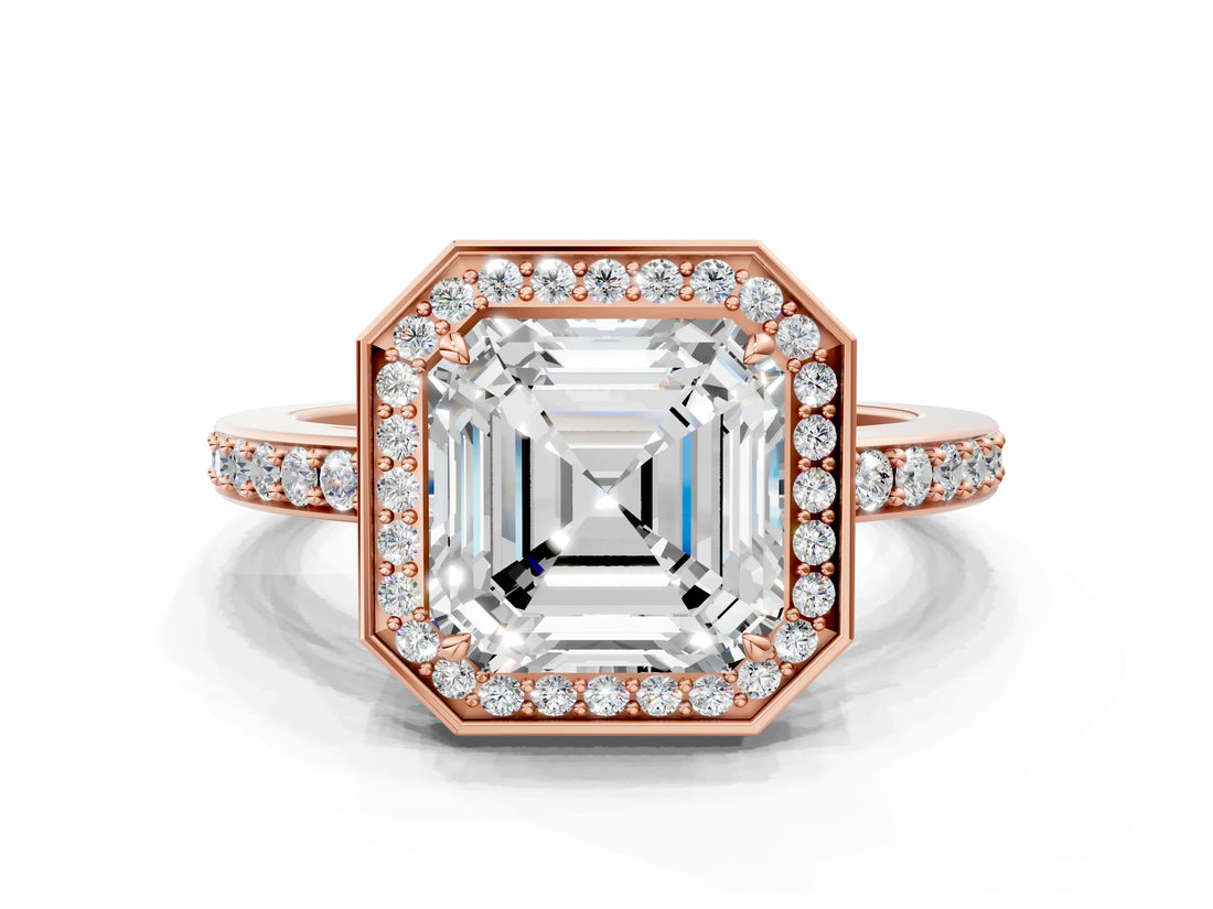 Rose gold Asscher Halo Pave Band Solitaire Ring with Prong Setting_52