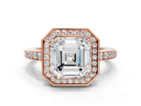 Rose gold Asscher Halo Pave Band Solitaire Ring with Prong Setting_52