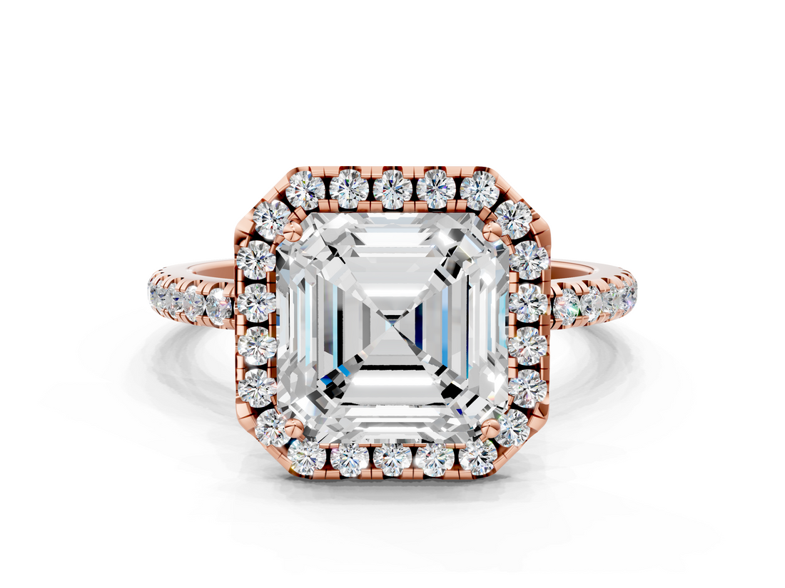 Rose gold Asscher Halo Round Diamond Pavé Band Four-Prong Ring_3