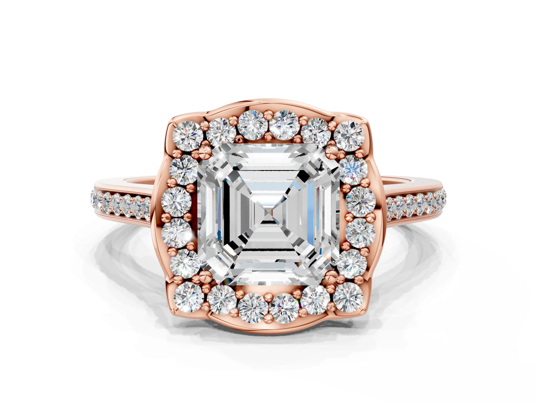 Rose gold Asscher Halo Round Diamond Pave Band with Four-Prong Setting_33