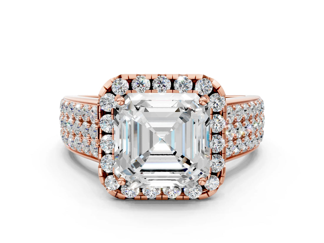 Rose gold Asscher Halo Round Diamond Pave Band with Prong Setting