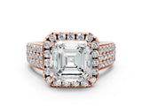 Rose gold Asscher Halo Round Diamond Pave Band with Prong Setting