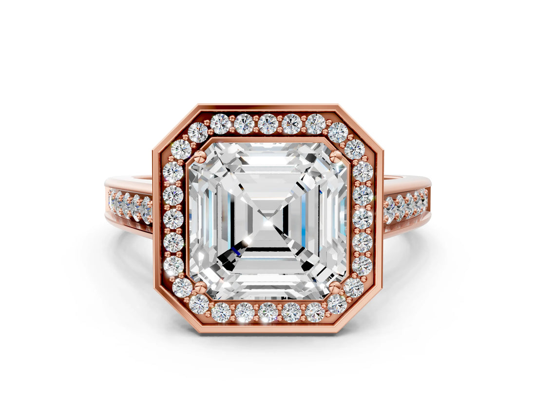 Rose gold Asscher Halo Solitaire Diamond Ring with Pave Band and Bezel Setting_52