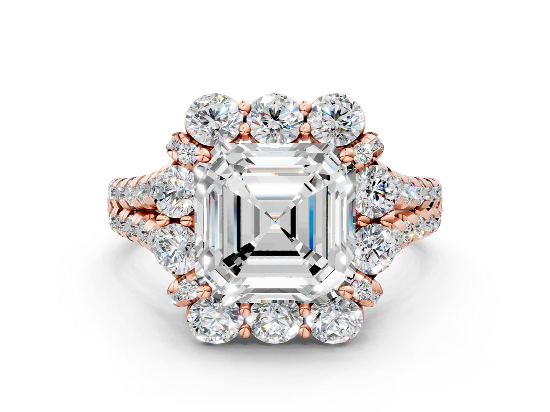 Rose gold Asscher Halo Split Shank Diamond Engagement Ring with Pave Band and Four-Prong Setting_22