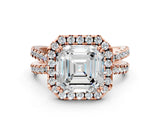 Rose gold Asscher Halo Split Shank Diamond Ring with Pavé Setting