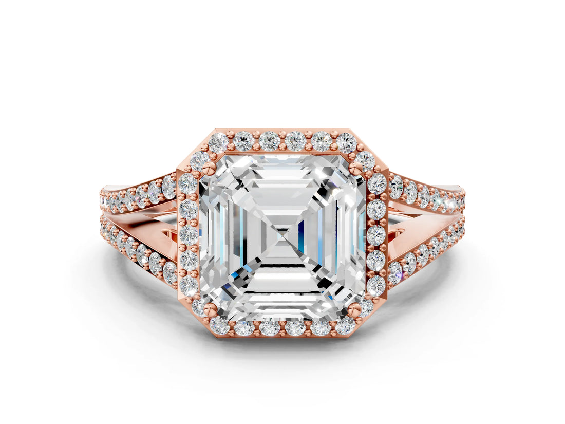 Rose gold Asscher Halo Split Shank Pave Diamond Ring with Four-Prong Setting_50