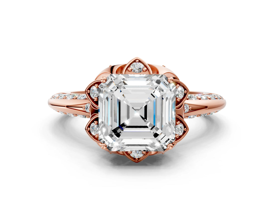 Rose gold Asscher Halo Split Shank Pave Diamond Ring with Petal Prong Setting_20