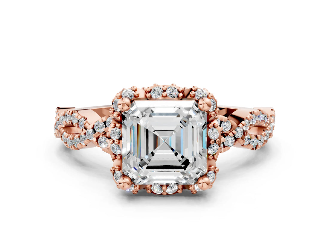 Rose gold Asscher Halo Twist Band Solitaire Ring with Six-Prong Setting_33