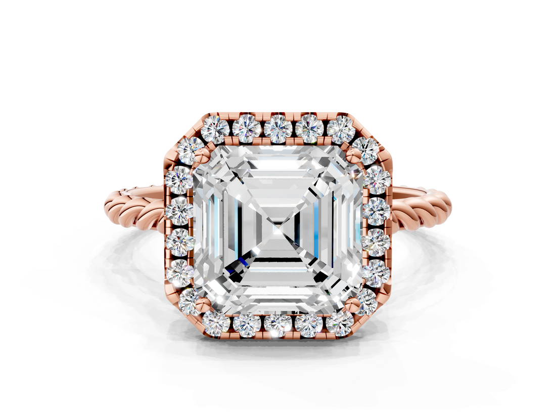 Rose gold Asscher Halo Twisted Band Four-Prong Diamond Ring_6
