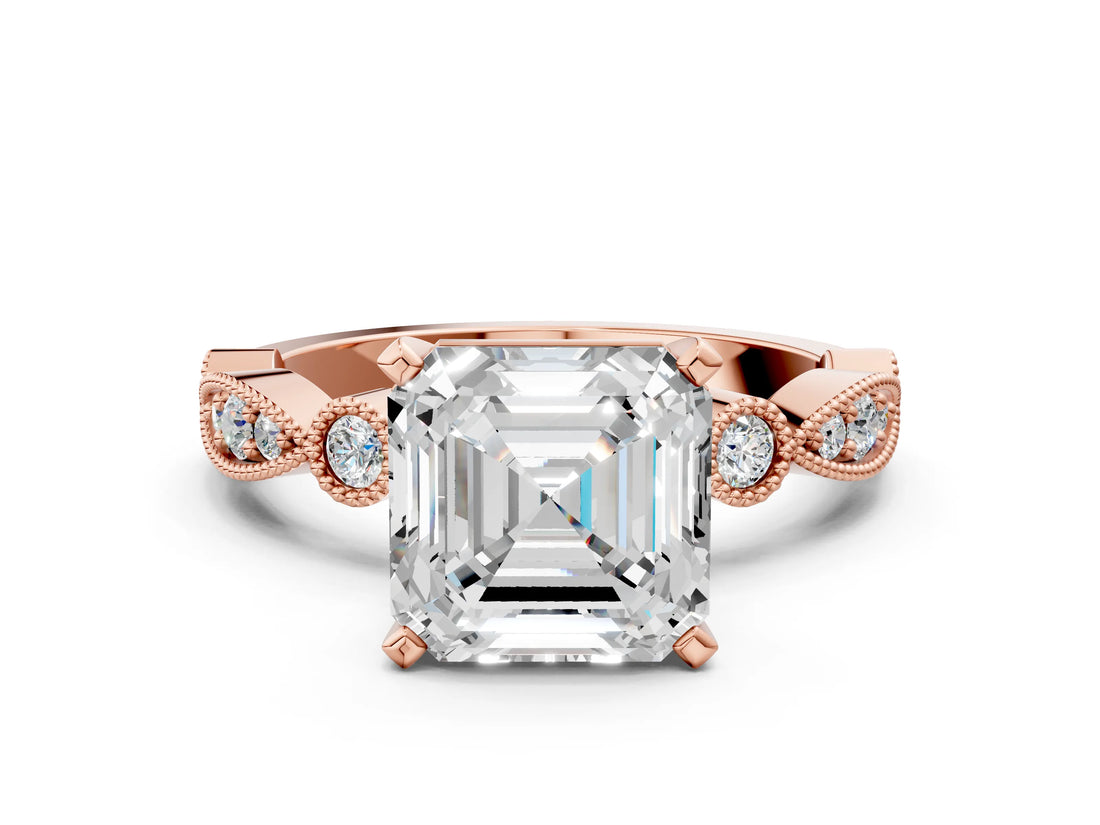 Rose gold Asscher Milgrain Bezel Diamond Engagement Ring with Solitaire Prong Setting_35