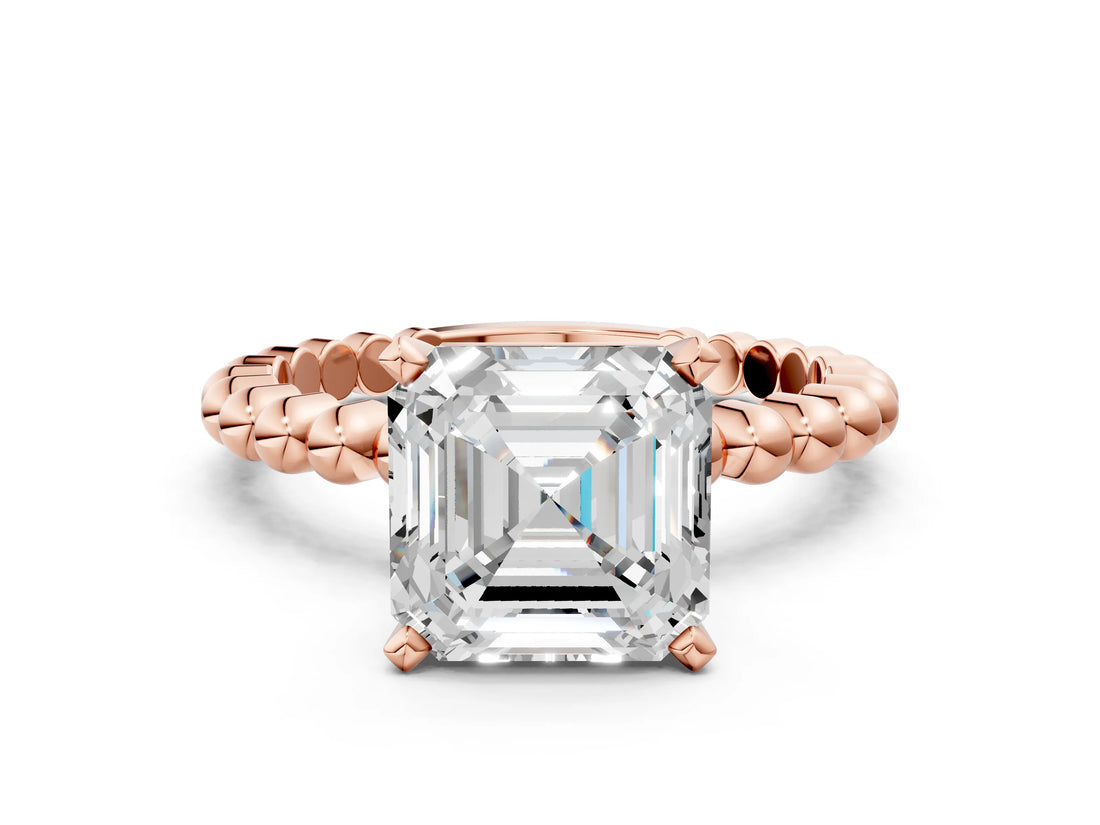 Rose gold Asscher Solitaire Beaded Band Prong Setting Ring