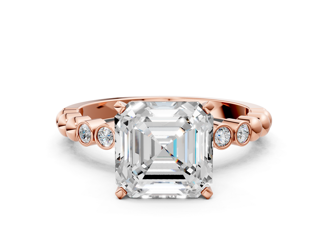 Rose gold Asscher Solitaire Bezel Accent Diamond Engagement Ring with Beaded Band and Four-Prong Setting_7