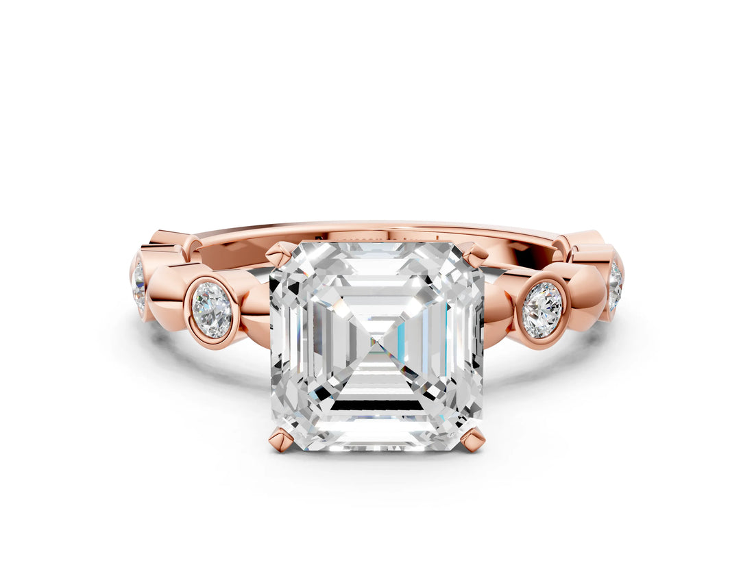 Rose gold Asscher Solitaire Bezel-Set Diamond Ring with Beaded Band and Four-Prong Setting_51