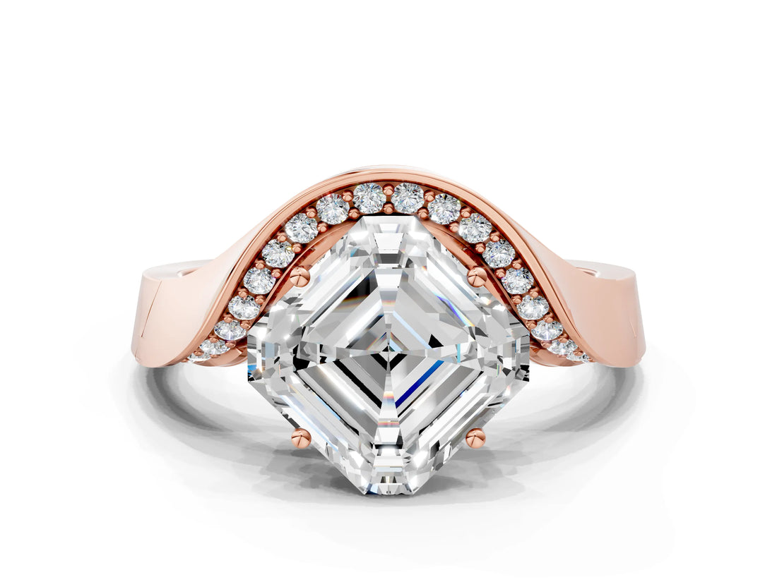 Rose gold Asscher Solitaire Diamond Engagement Ring with Pave Band and Four-Prong Setting 2