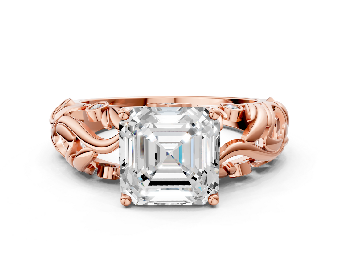 Rose gold Asscher Solitaire Diamond Leaf Vine Band with Prong Setting_24