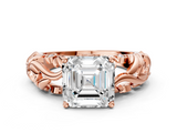 Rose gold Asscher Solitaire Diamond Leaf Vine Band with Prong Setting_24