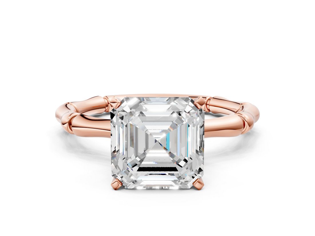 Rose gold Asscher Solitaire Diamond Ring with Bamboo Band and Four-Prong Setting_24